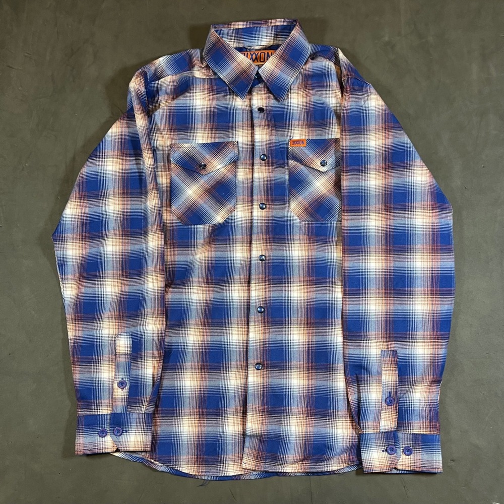 Dixxon Flannel  The Great One 13 Mens Size M Blue Orange Plaid Pearl Snap Shirt